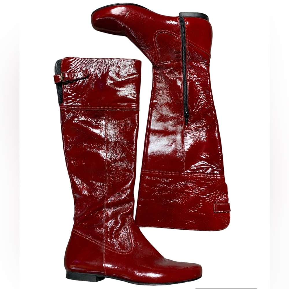Penny Sofou Red Patent Leather Knee High Boots Flat Square Toe Made in Greece 38